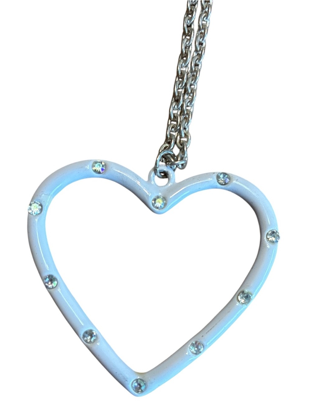 White Heart Pendant Necklace with Rhinestones Accents